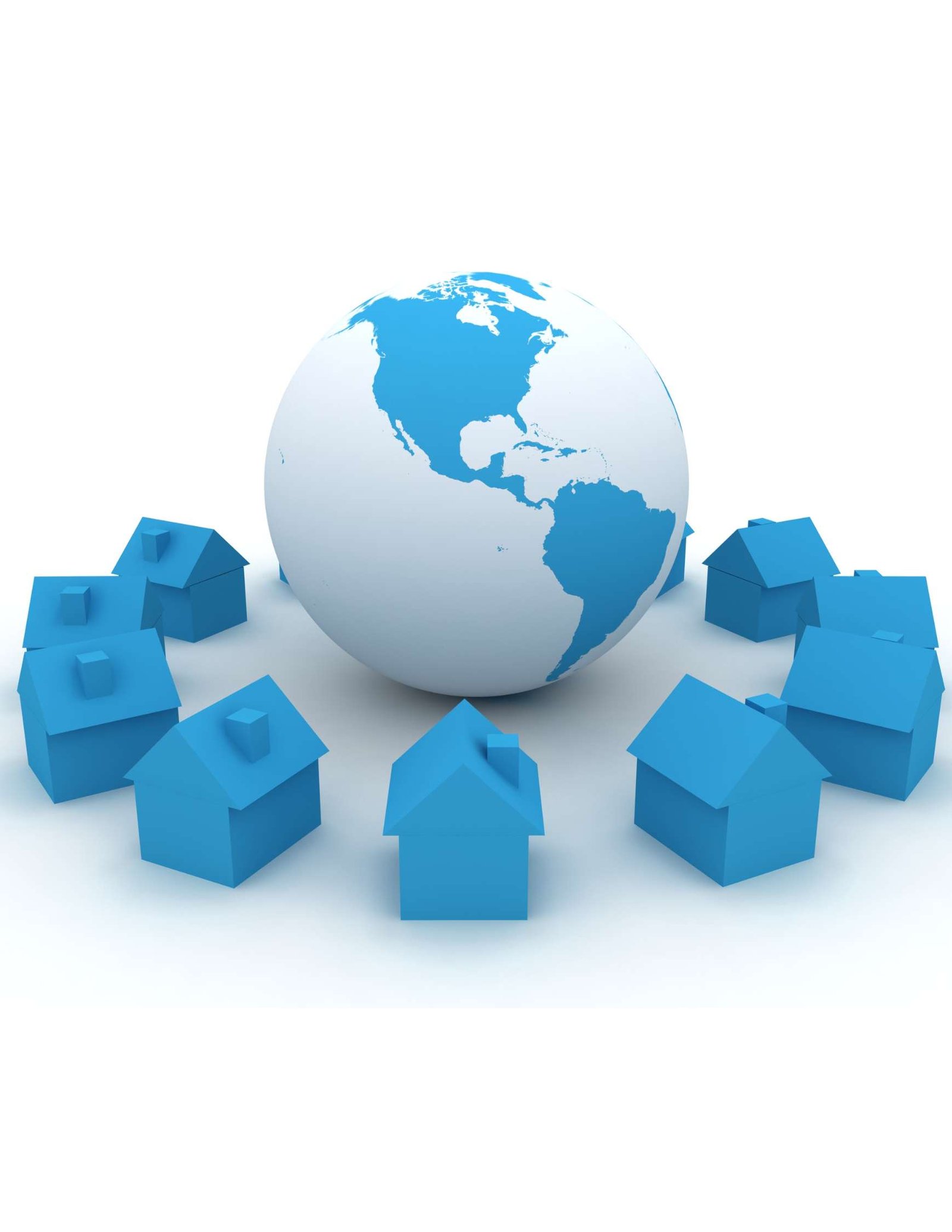 A 3D illustration of a globe highlighting the Americas, surrounded by several blue house icons, symbolizing global real estate or international housing market.