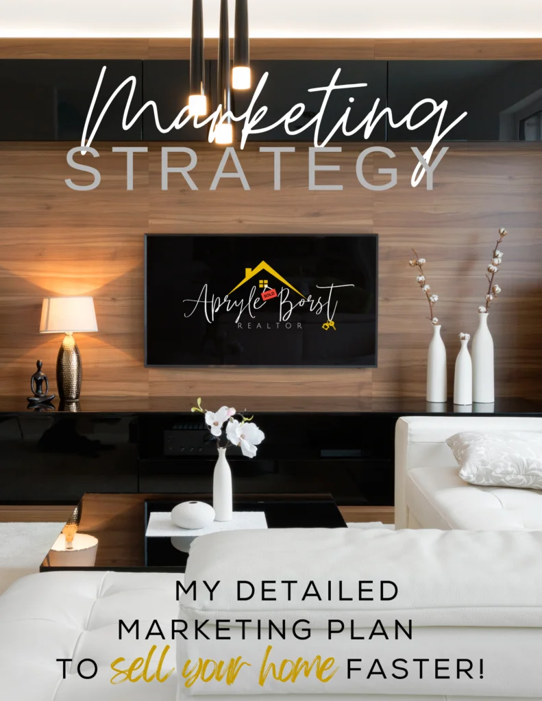 Modern living room with wood-paneled wall and a mounted TV displaying the logo “Apryle Borst Realtor.” Text reads: “Marketing Strategy – My detailed marketing plan to sell your home faster!'