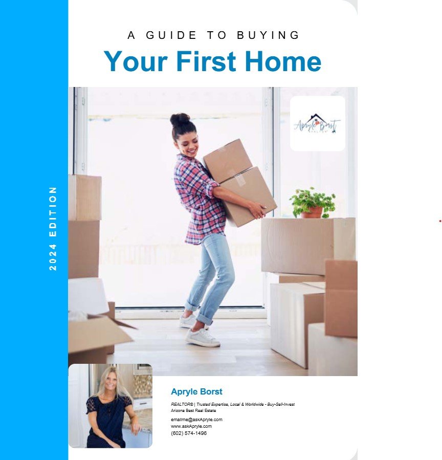 Cover of a home buying guide titled 'A Guide to Buying Your First Home – 2024 Edition.' The main image shows a smiling young woman holding a cardboard box while moving, surrounded by several other boxes in a bright, modern home. On the bottom left is a photo of Apryle Borst, a realtor, along with her contact information. The design includes a blue vertical banner on the left with the text '2024 Edition.